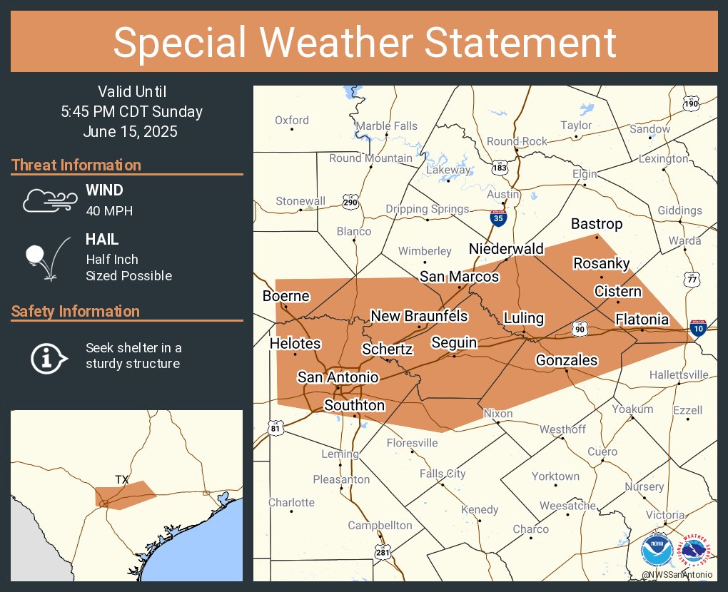A special weather statement has been issued for San Antonio TX, New Braunfels TX and  San Marcos TX until 5:45 PM CDT