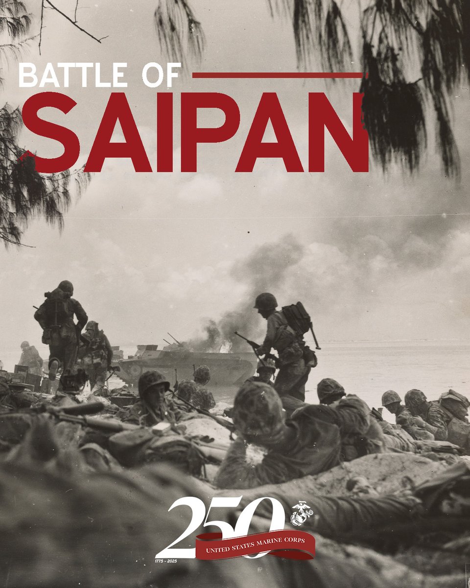 USMC's tweet image. #OTD 81 years ago, American forces stormed the beaches of Saipan, launching one of the most pivotal battles in the Pacific theater of World War II. 

The goal: to seize Saipan’s vital airfield, giving the U.S. a forward base from which to strike the Japanese homeland with…