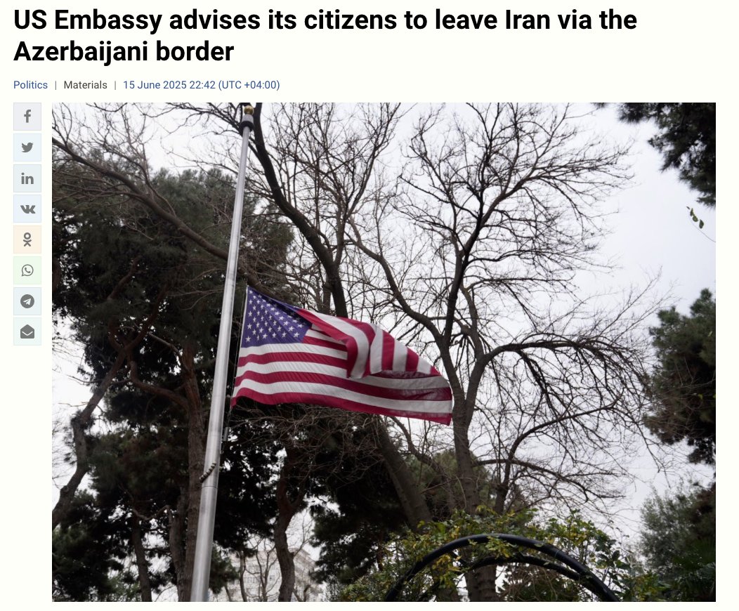 US embassy advises Americans in Iran to cross the border to safety in Azerbaijan—Israel’s gas station.