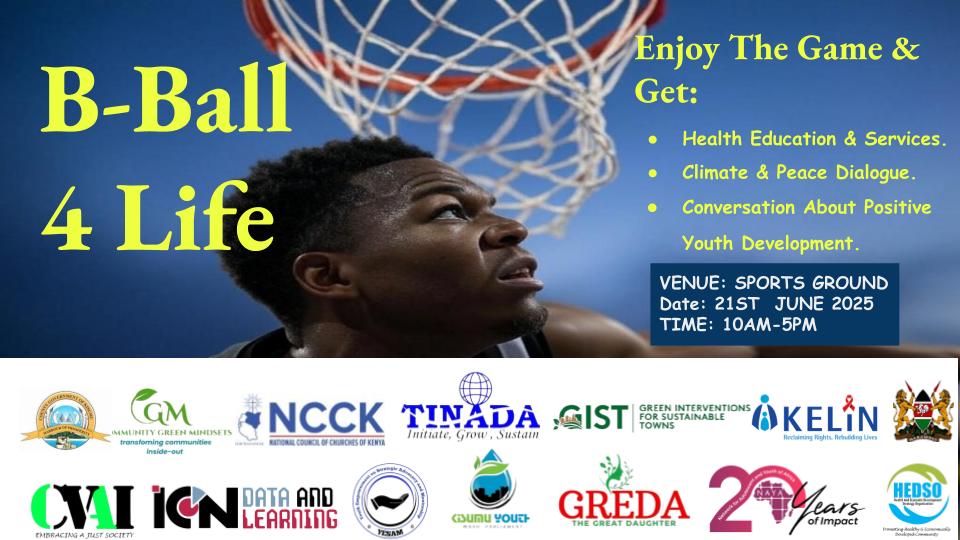 Community Green Mindsets and partners invite you and yours to the B-Ball 4 Life tournament at the Jaramogi Oginga Odinga Sports Complex on Saturday, 21 June 2025, from 10am-5pm EAT.

There will be prizes to be won.

See you there?

More details are below: