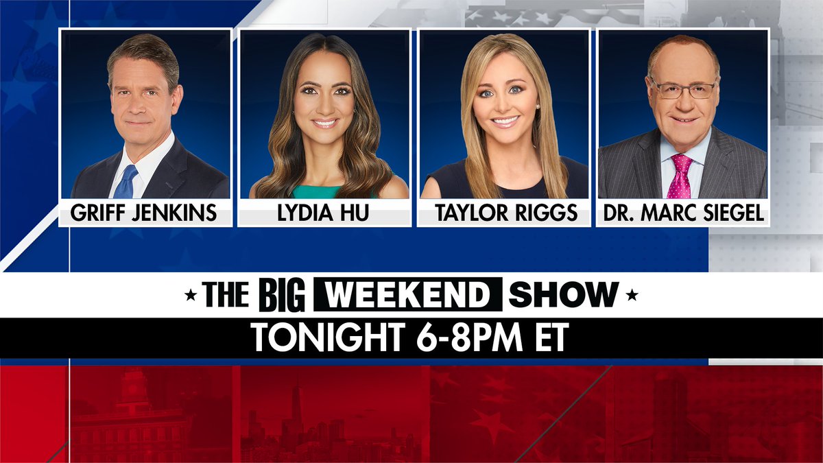 Griff Jenkins (@griffjenkins) on Twitter photo Make it a BIG Sunday Night!
Join us - 6p-8pET TONIGHT with <a href="/LydiaHuNews/">Lydia S. Hu</a> <a href="/RiggsReport/">Taylor Riggs, CFA</a> <a href="/DrMarcSiegel/">Marc Siegel MD</a> and me on <a href="/BigWeekendShow/">The Big Weekend Show</a> πΊπΈ Make it a BIG Sunday Night!
Join us - 6p-8pET TONIGHT with <a href="/LydiaHuNews/">Lydia S. Hu</a> <a href="/RiggsReport/">Taylor Riggs, CFA</a> <a href="/DrMarcSiegel/">Marc Siegel MD</a> and me on <a href="/BigWeekendShow/">The Big Weekend Show</a> πΊπΈ