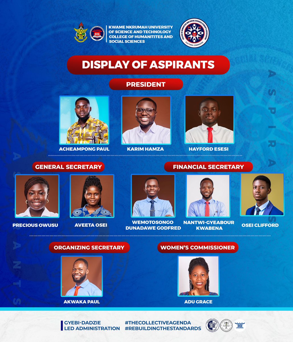 🗳️The CoHSS Electoral Commission proudly unveils the official list of aspirants for the 2024/2025 elections.

🔵These are the bold individuals stepping forward to lead, serve, and shape the future of the College of Humanities and Social Sciences.

What will your decision be?