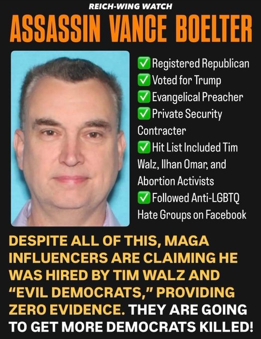 Say it with me MAGA, Vance Boelter is a registered republican and Christian Nationalist who made a hitlist to kill Democrats. Stop the lies.