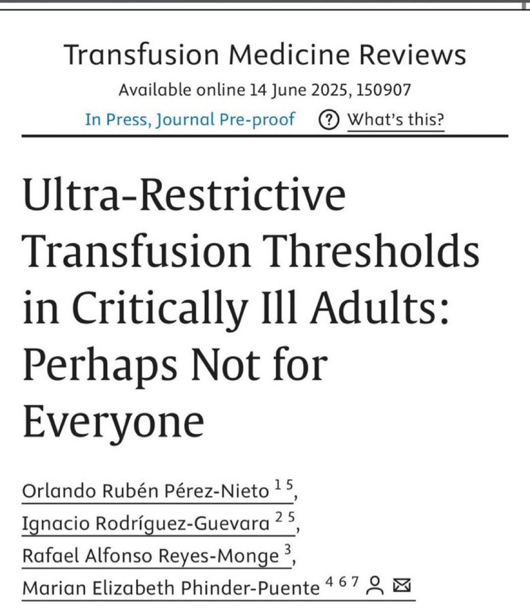 What hemoglobin 🩸level SHOULD critically ill patients be transfused at? 
📝New paper rec’s:
🩸🏥General ICU: with Hb &lt;7 g/dL
🩸🧠 Neurocritical: Hb &lt;9-10 g/dL
🩸🫀 Myocardial Infarction: Hb &lt;9-10 g/dL
❓What are your thoughts? What is your practice?
🔗 sciencedirect.com/science/articl…