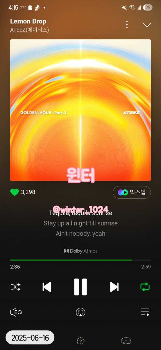 winter_1024's tweet photo. 2025. 06. 16 4시
멜론

#LemonDrop만_들려_여기에 #ATEEZ #에이티즈
#GOLDENHOUR #GOLDENHOUR_Part3 #LemonDrop https://t.co/S6JQnvuELp