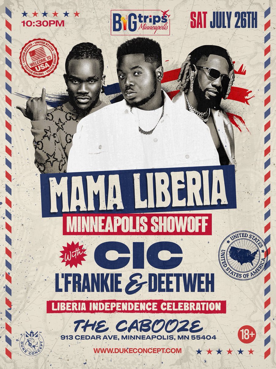 MINNEAPOLIS!!! We making a movie!!! 
@bigtripsweekend DAY 2 
🇱🇷 LIB INDEPENDENCE WEEKEND 🇱🇷
MAMA LIBERIA 🏆With 🏆
@cralorboi_cic @l.frankiemymann @deetwehofficial 

📆 SAT. JULY 26TH
⏰ 10:30PM 
🏟️ THE CABOOZE 
👨🏿‍💻 dukeconcept.com

Hurry, Get tickets now!!!