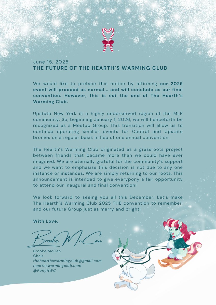 THE FUTURE OF THE HEARTH'S WARMING CLUB

We would like to preface this notice by affirming our 2025 event will proceed as normal... and will conclude as our final convention. However, this is not the end of The Hearth’s Warming Club.

Upstate New York is a highly underserved