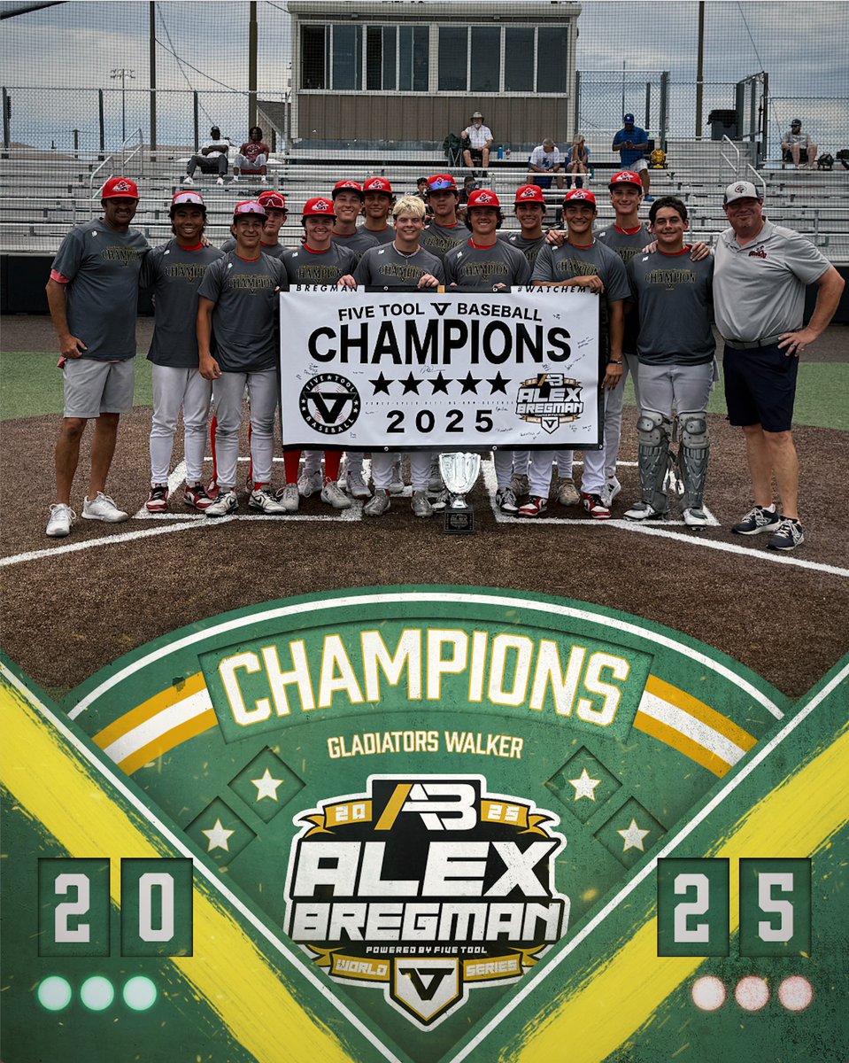 Five Tool Baseball (@fivetool) on Twitter photo 🏆CHAMPIONS🏆
Congrats to <a href="/gladbaseballbmt/">gladiator.baseball</a> Walker on winning the 2025 Alex Bregman 15U World Series!
#WatchEm / #BregmanWS / <a href="/FiveToolTexas/">✭Five Tool Texas✭</a> 🏆CHAMPIONS🏆
Congrats to <a href="/gladbaseballbmt/">gladiator.baseball</a> Walker on winning the 2025 Alex Bregman 15U World Series!
#WatchEm / #BregmanWS / <a href="/FiveToolTexas/">✭Five Tool Texas✭</a>