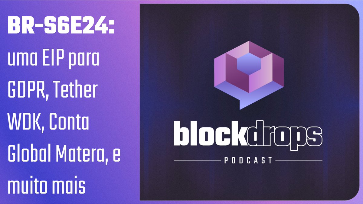🚨Alerta de novo episódio!🚨 

BR-S6E24: uma #EIP para #GDPR, <a href="/Tether_to/">Tether</a> WDK, Conta Global Matera, e muito mais. Link no fio

More of my content in English at <a href="/0xmauricio/">Mauricio Magaldi</a>

#blockchain #web3 #stablecoin #blockdrops #podcast