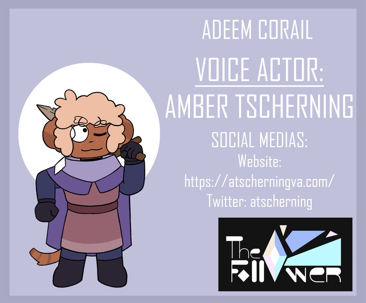 🔹VOICE ACTOR ANNOUNCEMENT🔹

➡️Adeem Corail will be voiced by <a href="/atscherning/">Amber Tscherning / Voice Talent</a> !!✨
Go support her work !

#voiceacting #art #indieanimation