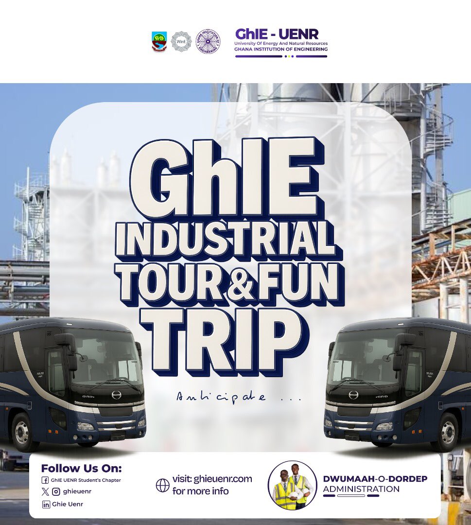 🎉 Coming soon!
GhIE-UENR presents the Industrial Tour &amp; Fun Trip 🚌⚙️

A unique blend of learning and adventure, where engineering meets the real world!

Stay tuned for updates 🔜

#GhIEUENR #FieldTour2025 #UENR