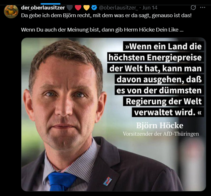 Wegen Sperre des meinungsfeien X nun als "Repost"
Ökonomen waren schon seit Jahrzehnten vor billiger Energie. Das hemmt jegliche Bewegung energieeffizienter zu werden. Klar, dass die Populisten einfach das Volk mit billiger Energie ruhig stellen wollen.