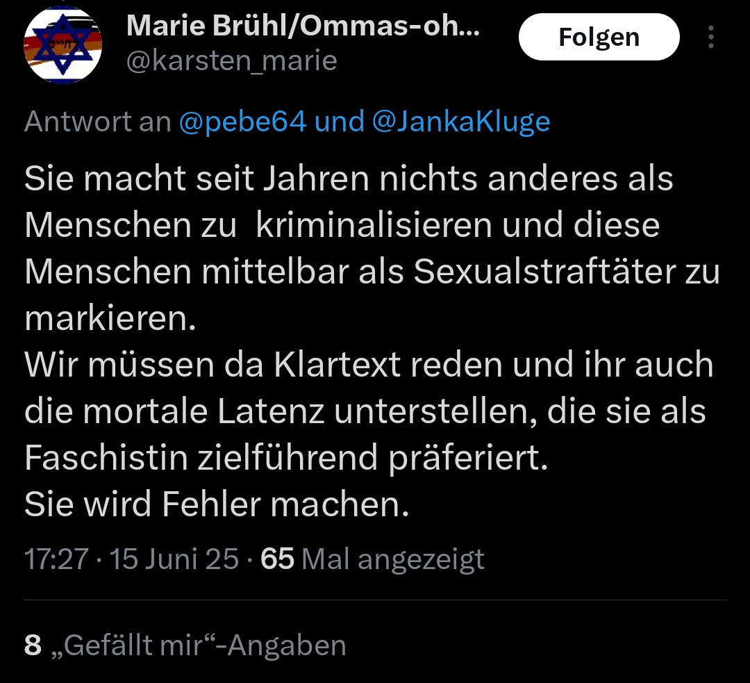Hallo <a href="/HateAid/">HateAid</a> ich wurde auf Twitter öffentlich mit unbelegten schwerwiegenden Behauptungen diffamiert – u. a. mir werde unterstellt, ich würde Menschen kriminalisieren und als Sexualstraftäter markieren. Außerdem wird mir eine „mortale Latenz“ und faschistische Absicht