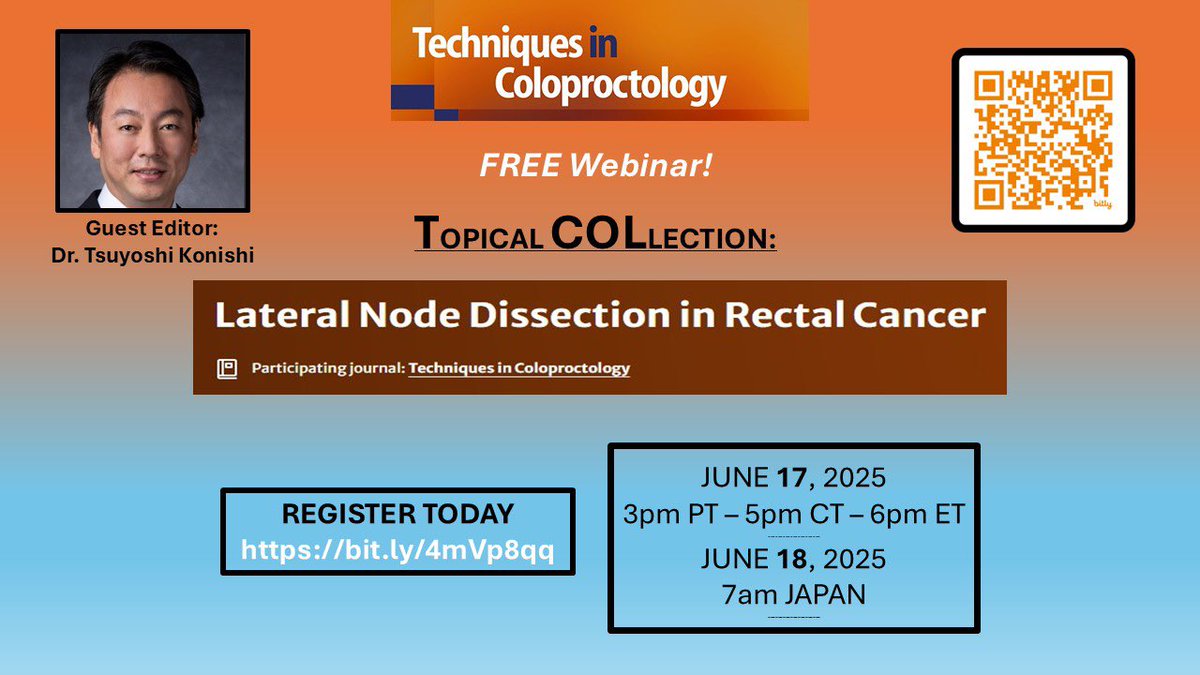 <a href="/TechColoproctol/">Techniques in Coloproctology Journal</a> is launching a topical issue dedicated to Lateral Nodes in rectal CA. Guest-edited by 🥷<a href="/yoshi_konishi/">Tsuyoshi</a> it will cover aspects from radiology to surgical outcomes. Please join us to have a glimpse of what’s coming up!

Register now: bit.ly/4mVp8qq