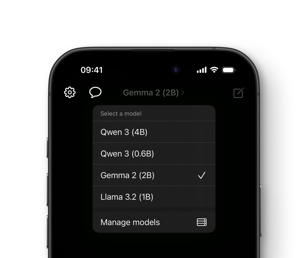 LocallyAIApp's tweet image. 📣 Say hello to the new menu to quickly switch between downloaded models.
Download now on the App Store!