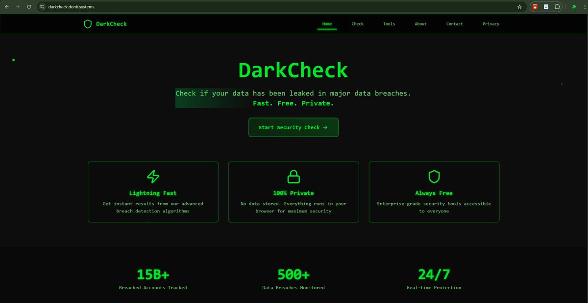dectraxx's tweet photo. We just launched DarkCheck β a FREE tool to see if your data is on the dark web.
β
No signups
β
No data stored
β
100% private & browser-based
15B+ records scanned in seconds.
Check now β https://t.co/TQuNnW5zuv
#DarkCheck #DentiSystems #CyberSecurity #OnlineSafety https://t.co/9XXj9pYdYt