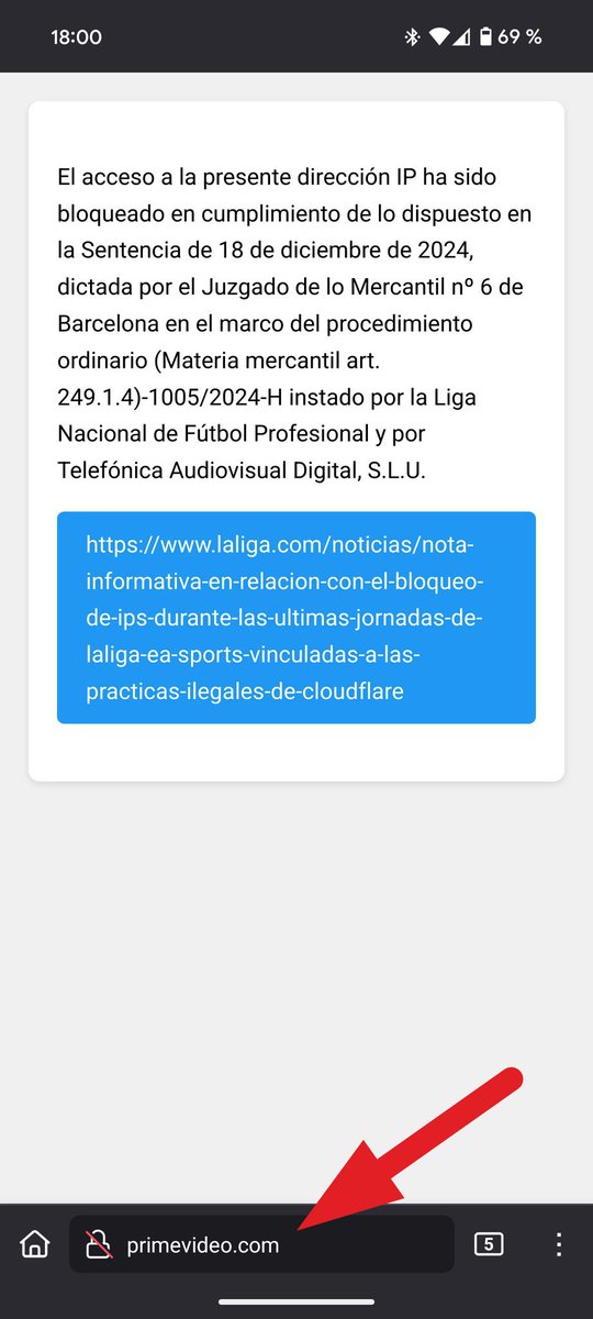 LaLiga niega "de forma categórica y rotunda" haber bloqueado la IP 18.67.240.21 de Amazon Prime Vídeo y nos exige una rectificación.

Esto es lo que dice la monitorización de la web Hay ahora fútbol

👇

bandaancha.eu/articulos/bloq…