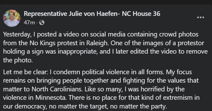 A.P. Dillon (@apdillon_) on Twitter photo <a href="/juliefornc/">Rep. Julie von Haefen</a> Update: About 48 minutes ago, von Haefen posted this to her official Facebook page. She says she edited out the image from her reel.
facebook.com/juliefornc
#ncpol #ncga
No other Democrats, including the NCDP, have offered comment yet. <a href="/juliefornc/">Rep. Julie von Haefen</a> Update: About 48 minutes ago, von Haefen posted this to her official Facebook page. She says she edited out the image from her reel.
facebook.com/juliefornc
#ncpol #ncga
No other Democrats, including the NCDP, have offered comment yet.