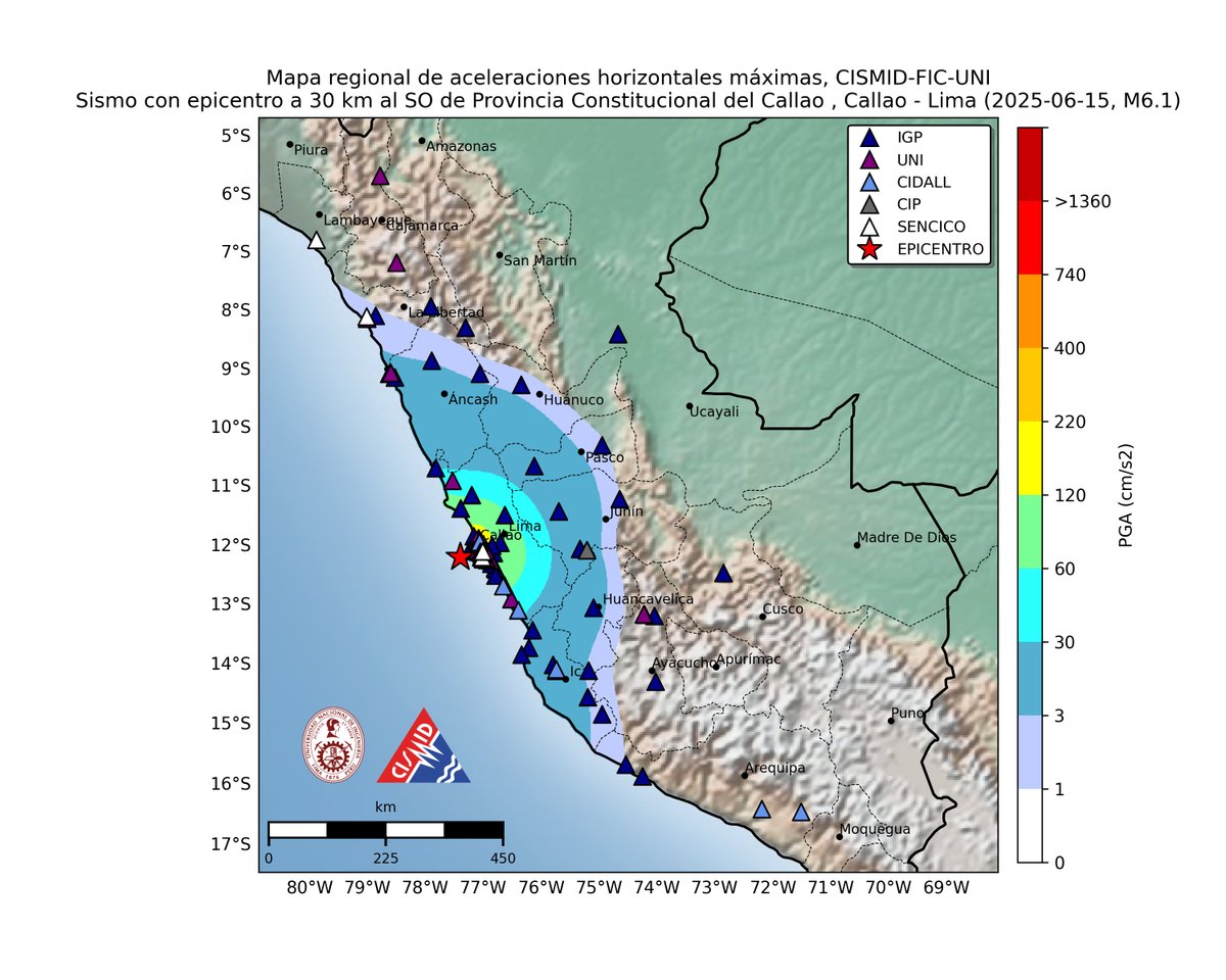 CISMID_UNI's tweet image. 🔴 Sismo M6.1 – 15/06/25
Mapa regional de aceleraciones máximas del suelo.
📊 Datos registrados por estaciones de la Red Nacional de Acelerógrafos.
🔗 Consulta cómo se distribuyó el movimiento: cismid.uni.edu.pe/ceois/redacis/…
#Sismo #UNI #Temblor