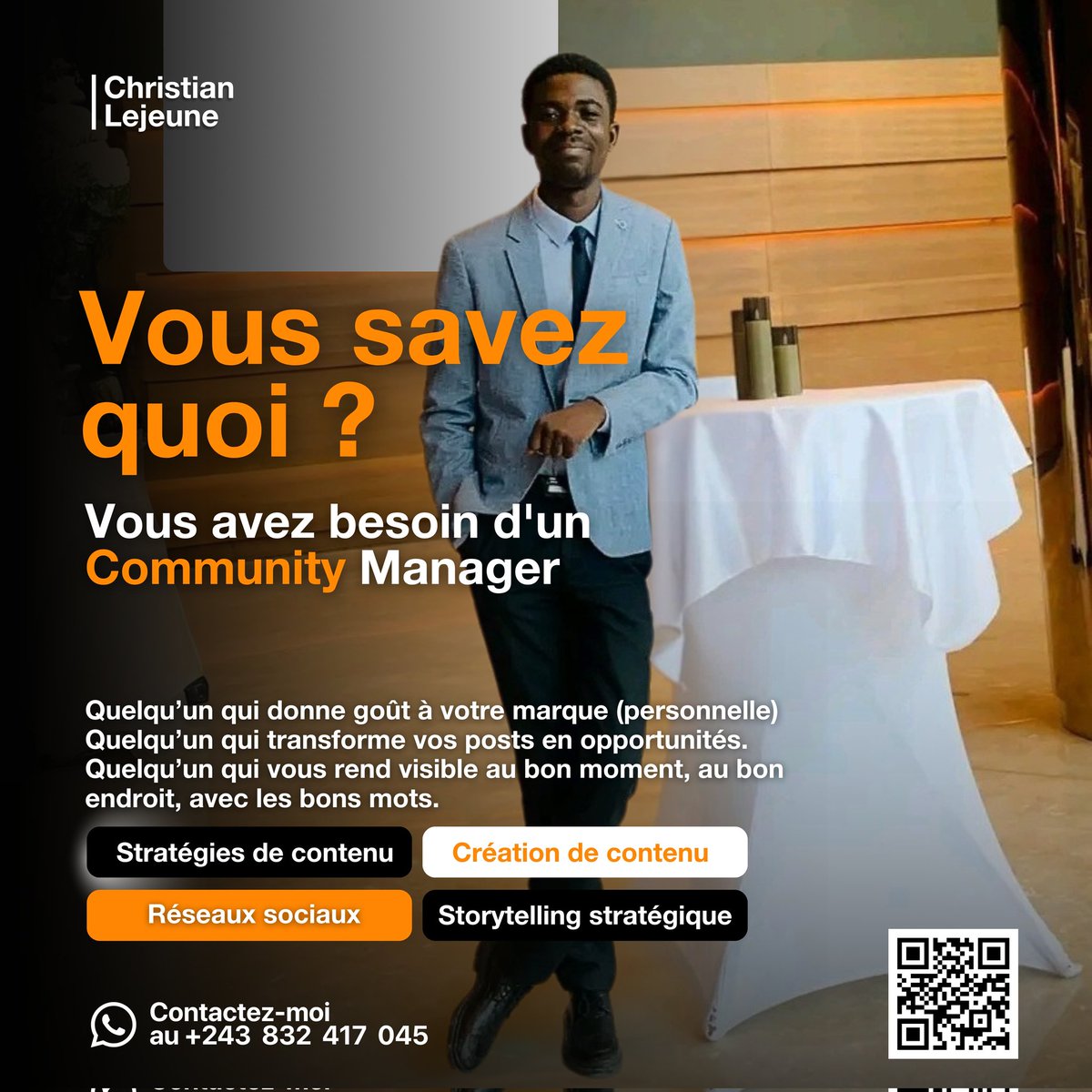 📈 Vous savez quoi ?

🌶️ Vous avez besoin d'un Community Manager, d'urgence.

🎯 Quelqu'un qui puisse transformer votre marque (personnelle) avec des stratégies de contenu sur mesure en 99 jours. Au-delà de la création de contenus ! 

➡️ On travaille ensemble ? Laissez-moi un