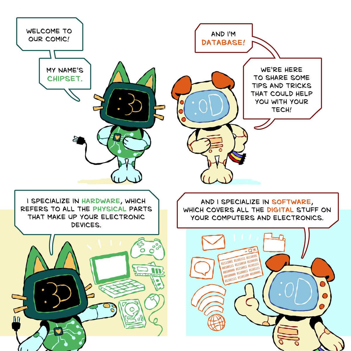 fernsnailz's tweet image. i made a mini-comic with my characters Chipset and Database :] Chipset and Database&apos;s Tech Tips is now on itch io for free!! 🖥️

learn about computer basics with them as they teach each other about their fields of interest (and make a lot of mistakes along the way...)

🔗⬇️