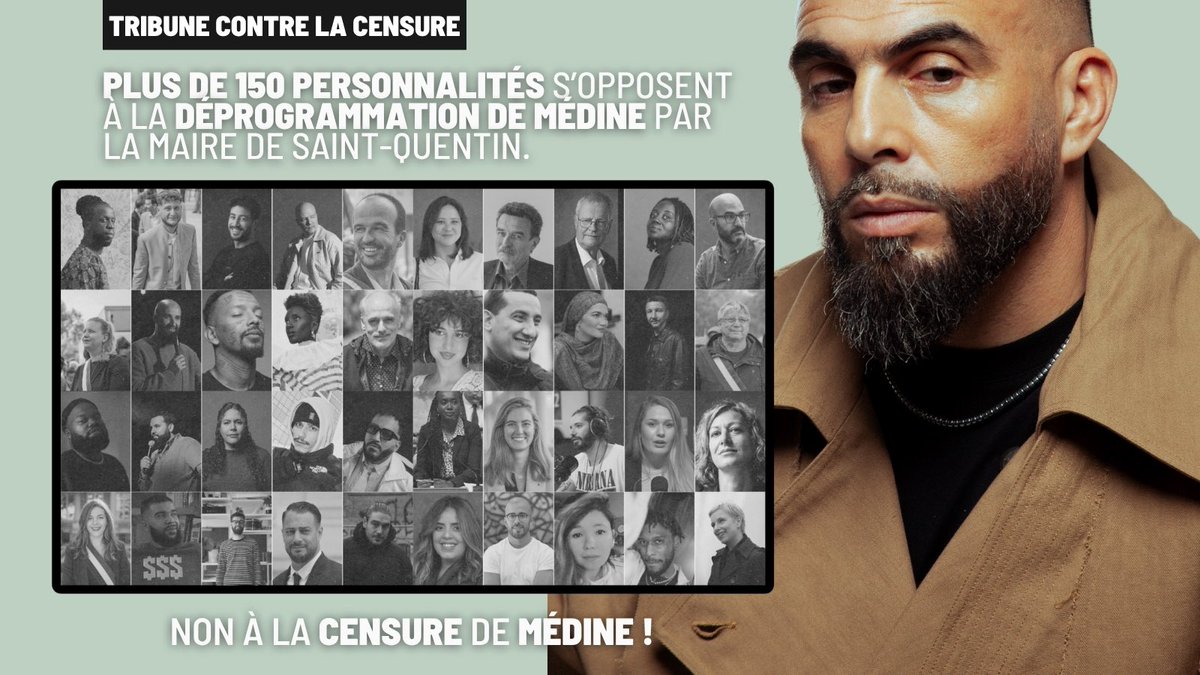 📝 𝗧𝗥𝗜𝗕𝗨𝗡𝗘 𝗖𝗢𝗡𝗧𝗥𝗘 𝗟𝗔 𝗖𝗘𝗡𝗦𝗨𝗥𝗘 !

La maire de Saint-Quentin censure <a href="/Medinrecords/">Médine</a>.

Artistes, élu•e•s, journalistes, créateur•ice•s de contenus, etc.. plus de 150 personnalités font bloc et appellent à rétablir le concert !

🔗 blogs.mediapart.fr/les-invites-de…