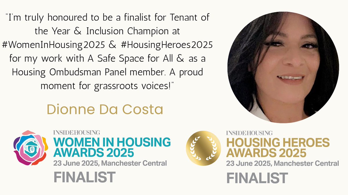 Finalist Tenant of the Year &amp; Inclusion Champion at Inside Housing’s Women in Housing 2025 &amp; Housing Heroes 2025  Awards. This recognition underscores the power of grassroots voices in driving equality and inclusion. 🙌🏽✨ #InsideHousing #WomenInHousing #HousingHeroes #Inclusion”
