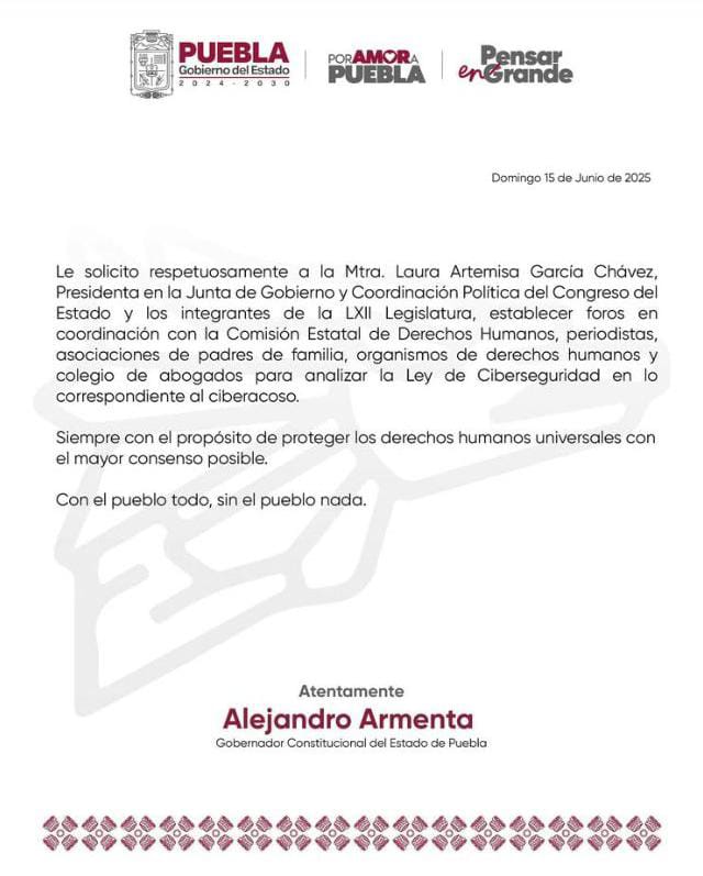 SicomNoticias_'s tweet photo. 📢 Foros para el análisis del ciberacoso en la Ley de Ciberseguridad | El gobernador @armentapuebla_ solicita a la LXII Legislatura coordinar foros con organismos y expertos para evaluar la legislación en materia de derechos digitales.

📰#SicomNoticias https://t.co/LkKd0m9kbC