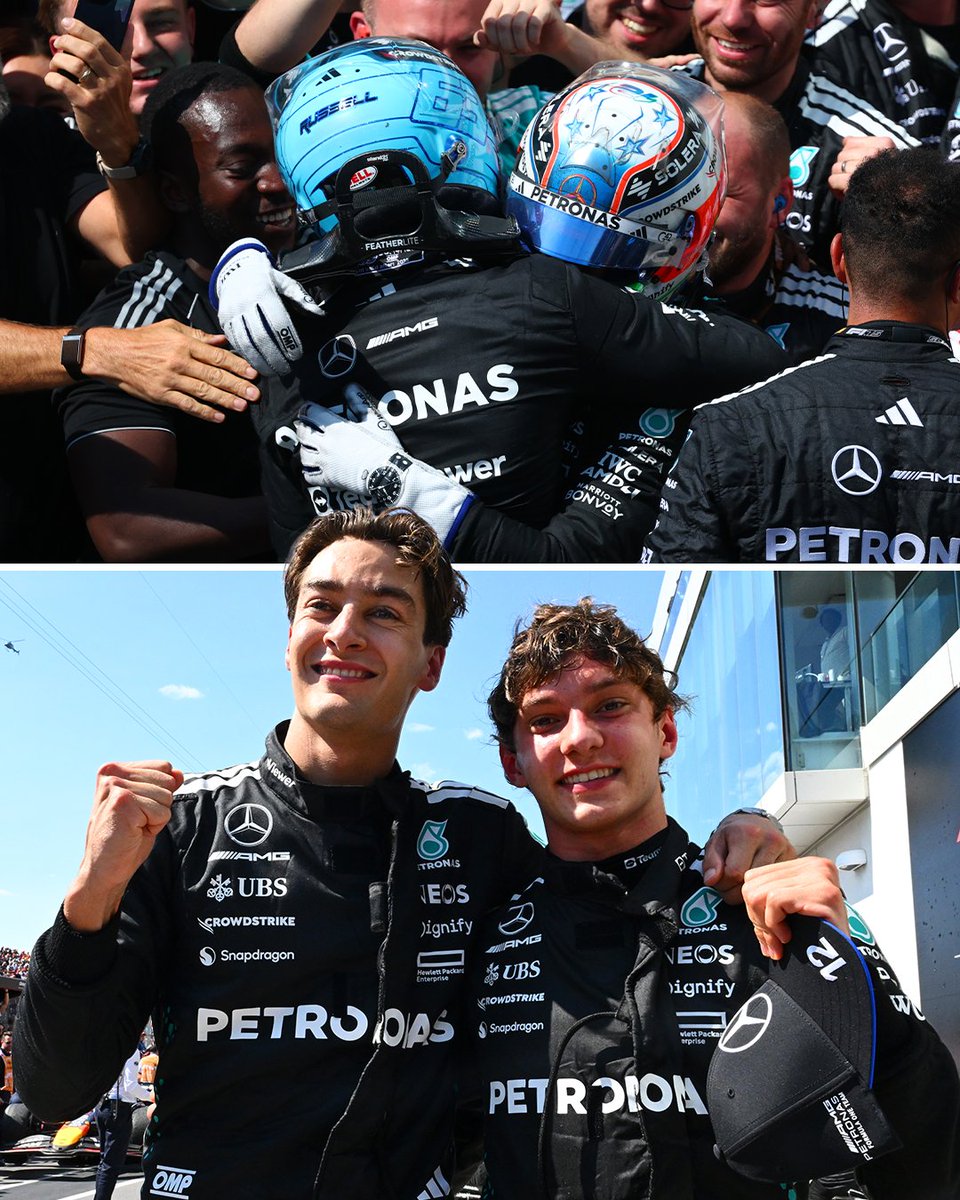 Double podium for Mercedes in Canada 💪 George Russell and Kimi Antonelli embraced after Kimi's first F1 podium 🖤

P1 George Russell
P3 Kimi Antonelli