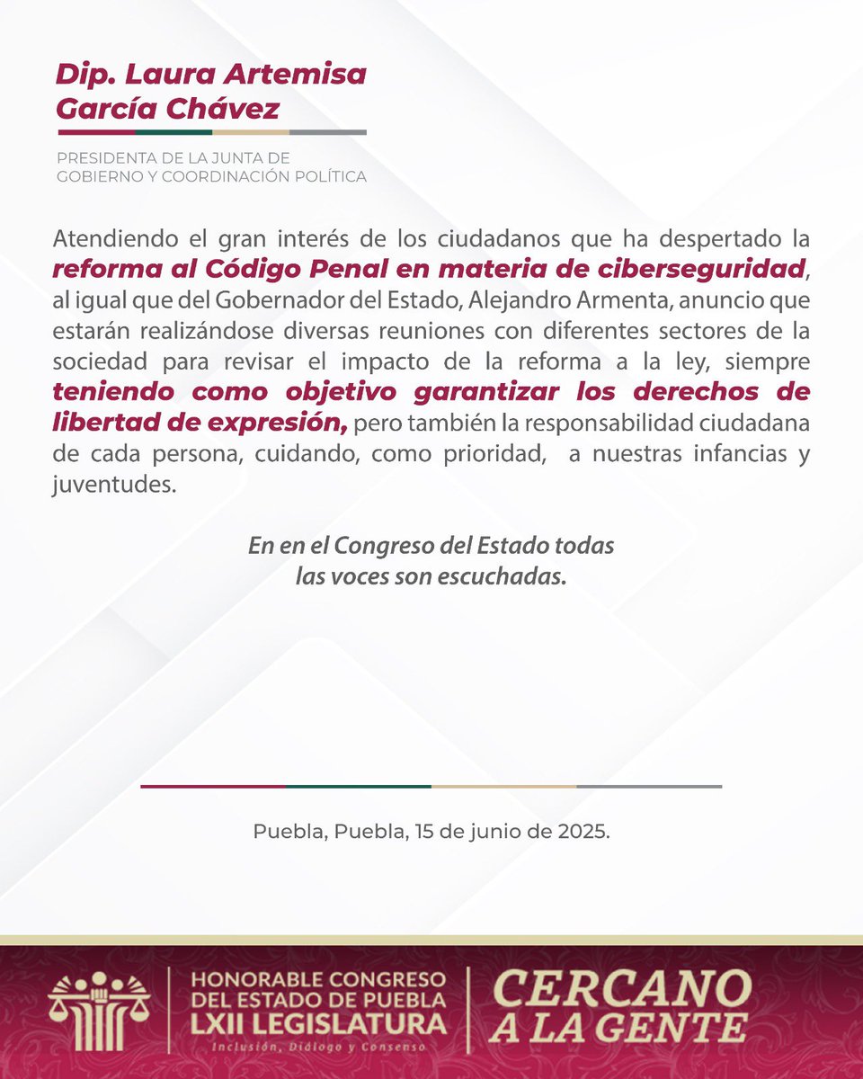 artemisa_laura's tweet image. Recibo con interés su mensaje gobernador Alejandro Armenta @armentapuebla_ y atiendo su llamado como en esta LXII Legislatura atendemos en general a la ciudadanía.
A partir de esta semana estaremos realizando mesas de trabajo, debates, como corresponde a un parlamento abierto,…