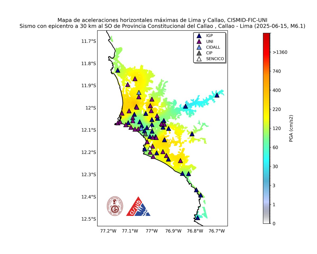 CISMID_UNI's tweet image. 📌 Lima y Callao, durante el sismo M6.1
Complementamos el mapa regional con este detalle local de aceleraciones máximas registradas el 15/06/25.
📊 Datos de REDACIS – CEOIS–UNI
🔎 ¿Cómo se movió tu distrito?
#Sismo #Aceleraciones #Shakemap #Temblor #UNI #Lima #Callao
