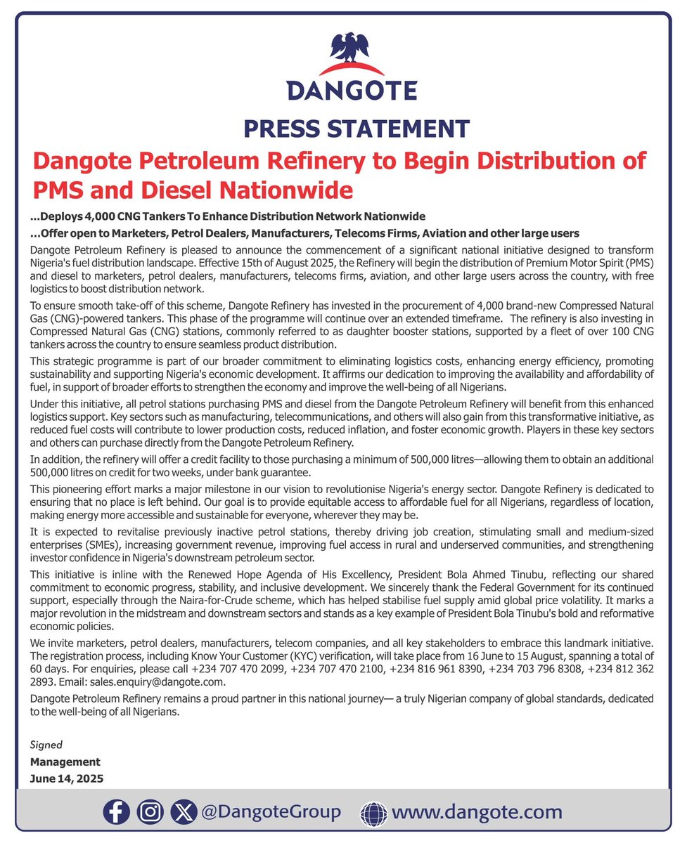 Thank you, <a href="/AlikoDangote/">Aliko Dangote</a>, <a href="/DangoteGroup/">Dangote Group</a>. 

Your role in lifting Nigeria out of its economic struggles, especially its energy crisis, would surely be cascaded with a golden baton to posterity.