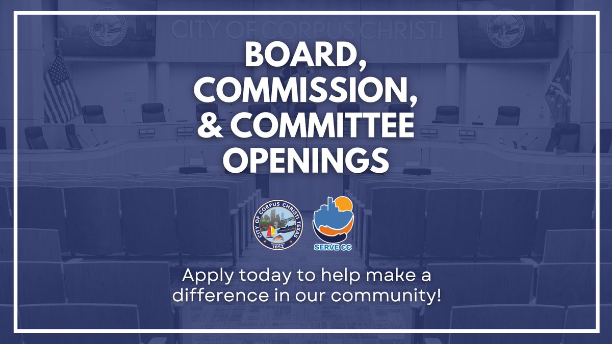 Looking to make a difference in your community? The City Secretary’s Office is seeking applications for the following boards at CorpusChristiTX.gov/serve.
See Openings Below.

🕚 Appointment: July 15, 2025
🗓️ Deadline: July 1, 2025

• Airport Board
• Airport Zoning Commission
•