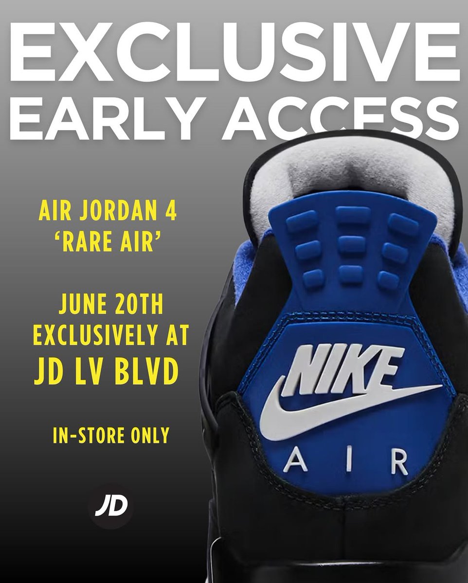 🚨 Jordan 4 ‘Rare Air’ drops EARLY at JD LV BLVD.

📍 In-store only 6/20 at our new Vegas flagship.

Don’t miss it.
