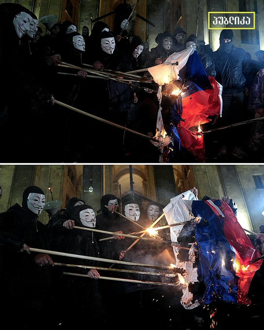 YourAnonCentral's tweet photo. "Let the rotten Russian empire fall" Georgia does not surrender to fascism. (📷@Publika_ge ) #3E #EndOligarchy #EndImpunity #EndAutogenocide #GeorgiaProtests https://t.co/GHH4Vhq32u