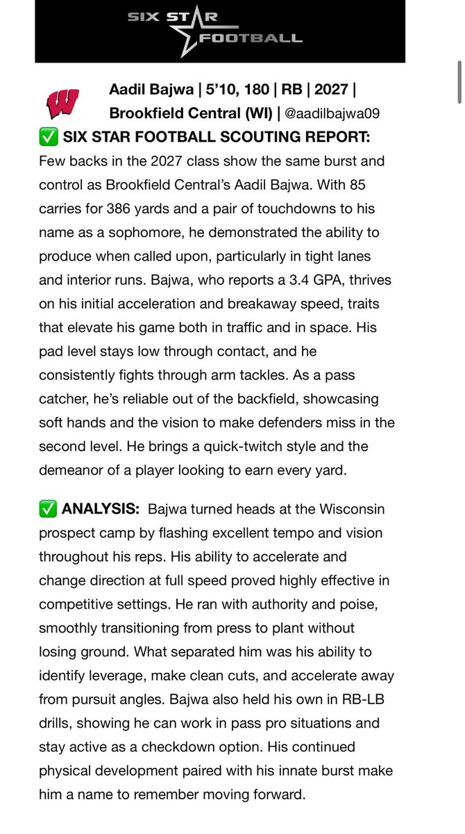 Aadil Bajwa (@aadilbajwa09) on Twitter photo Thank you <a href="/sixstarfootball/">Six Star Football | PLUS+</a> for the write up!!! Excited for my junior season and can’t wait to keep working for the remainder of the offseason!!! <a href="/CoachIverson/">Clay Iverson</a> <a href="/Mr_Nellis/">Joel Nellis</a> <a href="/PrepRedzoneWI/">Prep Redzone Wisconsin</a> <a href="/MJ_NFLDraft/">Mark Johnson</a> <a href="/bench424nmore/">Mark Gibson</a> <a href="/More2SayPod/">More to Say</a> <a href="/WisFBRecruiting/">Wisconsin Badgers Football Recruiting</a> <a href="/B19Kamrath/">Benji Kamrath</a> Thank you <a href="/sixstarfootball/">Six Star Football | PLUS+</a> for the write up!!! Excited for my junior season and can’t wait to keep working for the remainder of the offseason!!! <a href="/CoachIverson/">Clay Iverson</a> <a href="/Mr_Nellis/">Joel Nellis</a> <a href="/PrepRedzoneWI/">Prep Redzone Wisconsin</a> <a href="/MJ_NFLDraft/">Mark Johnson</a> <a href="/bench424nmore/">Mark Gibson</a> <a href="/More2SayPod/">More to Say</a> <a href="/WisFBRecruiting/">Wisconsin Badgers Football Recruiting</a> <a href="/B19Kamrath/">Benji Kamrath</a>