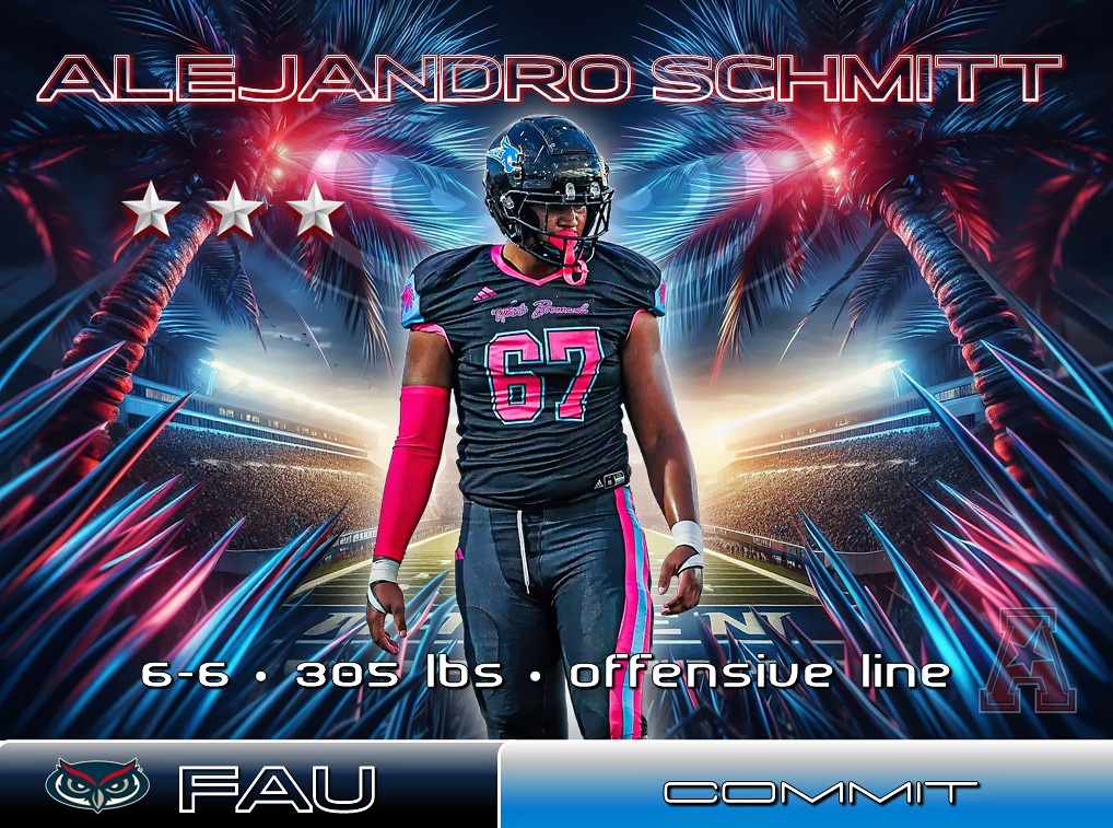 CONGRATS to 6-6, 305 lbs ⭐⭐⭐ OL <a href="/AleSchmitt26/">Alejandro Schmitt</a> of <a href="/WestBrowardHigh/">West Broward High</a> on his commitment to Coach <a href="/ZKittley/">Zach Kittley</a> and <a href="/FAUFootball/">Florida Atlantic Football</a>! Chose the Owls over #Pitt #SMiss and others. WELCOME  to Parad🌴se Alejandro! #FAU 🏈🦉👌