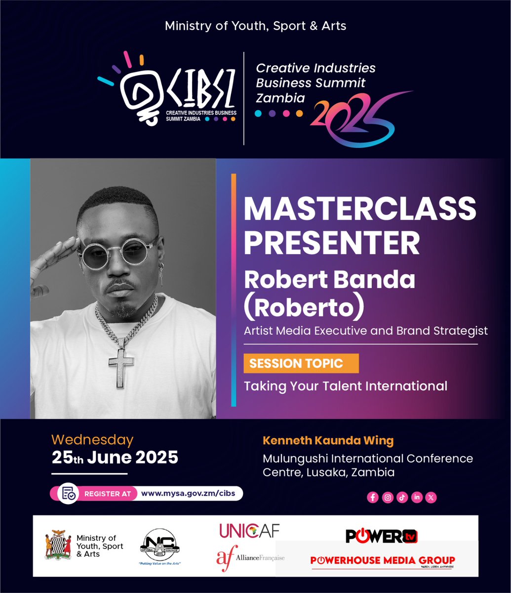 JusticeMfiri's tweet photo. Taking Your Talent International!
Join Robert Banda (Roberto) at this year's edition of the Creative Industries Business Summit #cibs2025. A Masterclass presented by Roberto, an Artist Media Executive, empowers you to make the most of your talent! ✨️
 #MYSA @Cibs2025 #Zambia https://t.co/KlIYyYUDTC