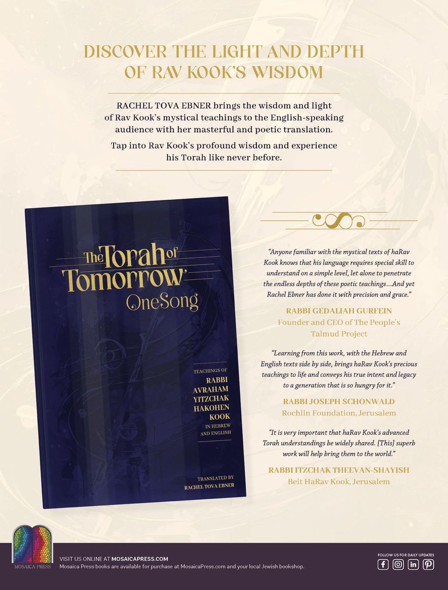 Now available:
• The Torah of Tomorrow: One Song
• ⁠Teachings of Rabbi Avraham Yitzchak HaKohen Kook in Hebrew and English 
• Rachel Tova Ebner