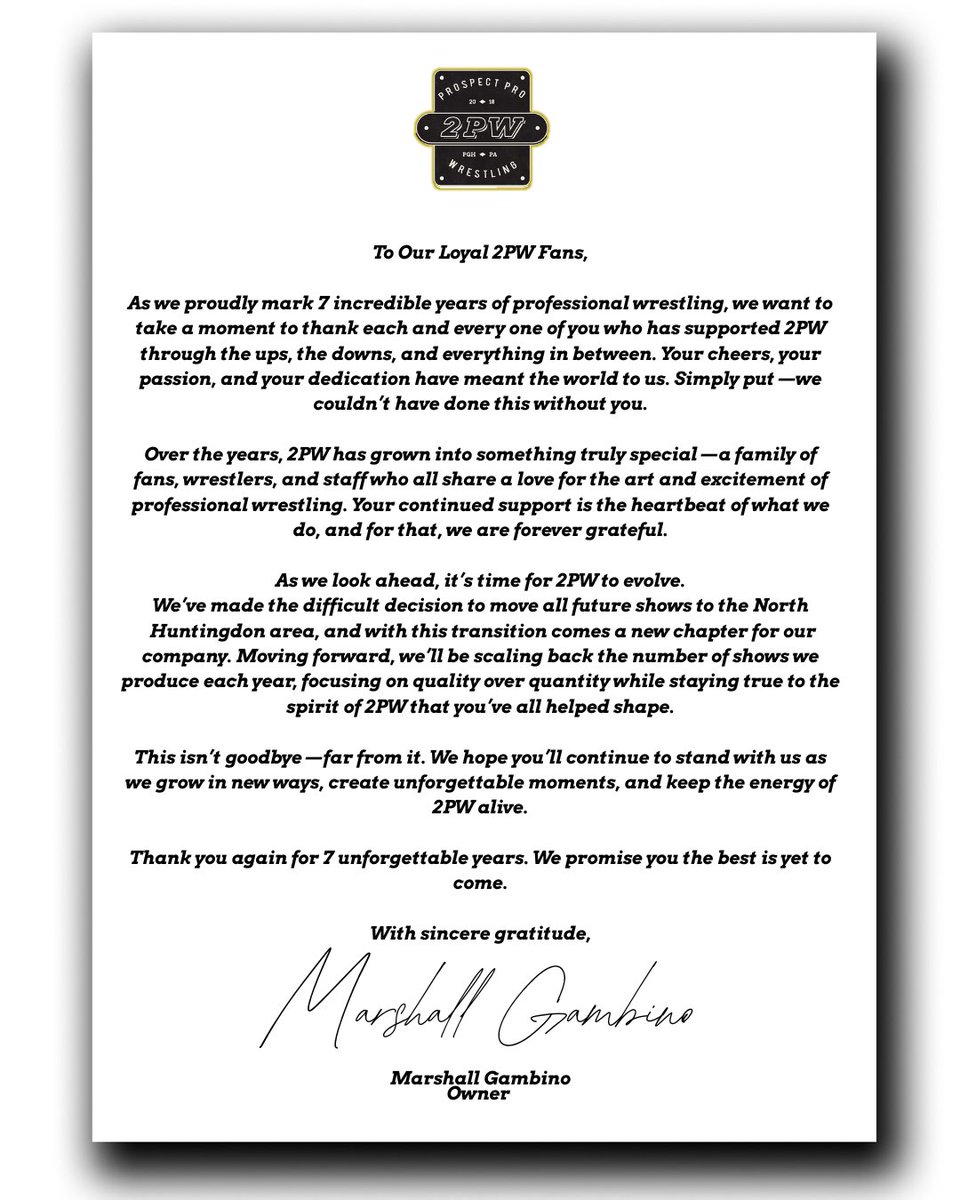 A message from 2PW owner, Marshall Gambino on 2PW’s return but to a new area on Friday, August 15th!