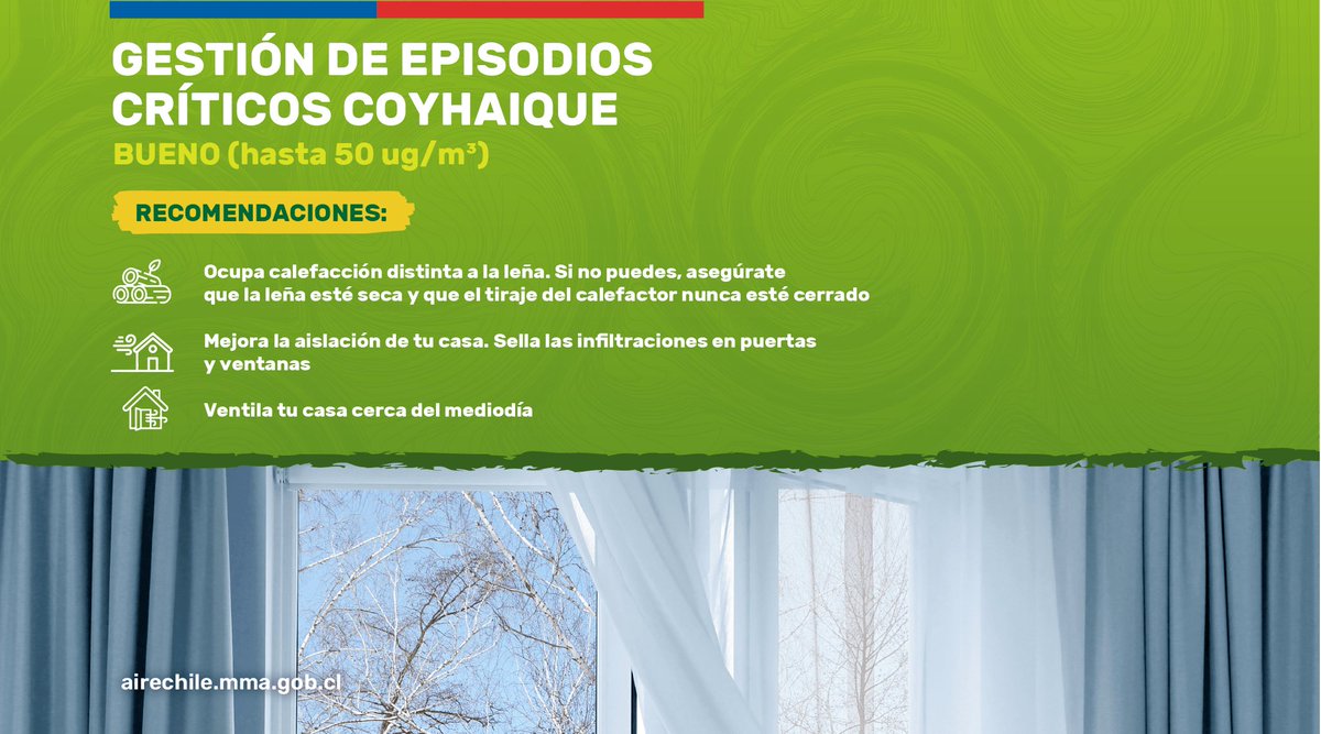 La Delegación Presidencial Regional de Aysén declara que para este lunes 16 de junio, el pronóstico de calidad del aire en Coyhaique será BUENO
Para mayor información visita la página web    airecoyhaique.mma.gob.cl