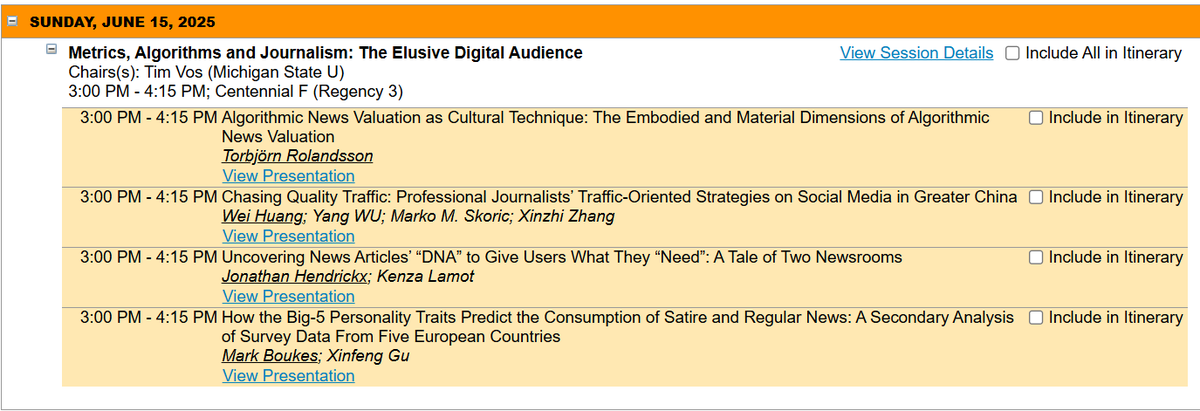 Next #ica25 session: Metrics, Algorithms and Journalism: The Elusive Digital Audience.

When: 3:00 PM - 4:15 PM
Where: Centennial F (Regency 3)

Xinfeng Gu and I will be presenting "How the Big-5 Personality Traits Predict the Consumption of Satire and Regular News".