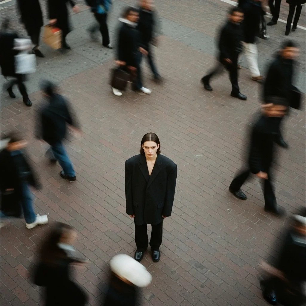 Some generations

Cinematic overhead shot of me standing still a brick city sidesalk, wearing a dark oversized blazer, motion-blurred crowd rushes past around me moody lighng 35mm film look Shallow depth of field, sharp focus on me. Ration potrait 4:3