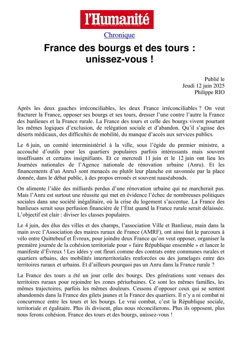 On veut fracturer la France, opposer ses bourgs et ses tours, dresser l’une contre l’autre la France des banlieues et la France rurale. La France des tours et des bourgs vivent pourtant les mêmes logiques d’exclusion, de relégation et d’abandon. Bourgs et tours, unissez-vous!