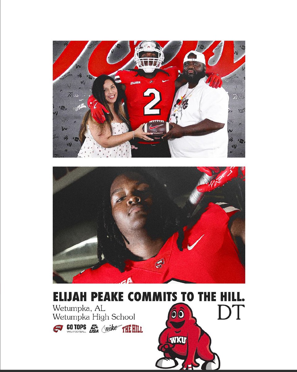 Elijah Peake (@_etrain1353) on Twitter photo 1st I would like to thank God for blessing me with this opportunity. I’m proud to announce my commitment to <a href="/WKUFootball/">WKU Football</a> <a href="/Coach_Helton/">Tyson Helton</a> <a href="/_CoachJames/">Coach James</a> <a href="/CoachThurm87/">Coach Jarae Thurmond</a> <a href="/TheKramme/">Zachary Kramme</a> <a href="/NickLamaWKU/">Nick Lamattina</a> <a href="/Madhousefit/">Madhouse Training</a> <a href="/we2_football/">Wetumpka Football</a> <a href="/TheCoachBear48/">BEAR Woods</a> <a href="/CoachFagan_5/">Coach Fagan</a> <a href="/CoachMorton28/">Marvin Morton</a>
#GoTops 1st I would like to thank God for blessing me with this opportunity. I’m proud to announce my commitment to <a href="/WKUFootball/">WKU Football</a> <a href="/Coach_Helton/">Tyson Helton</a> <a href="/_CoachJames/">Coach James</a> <a href="/CoachThurm87/">Coach Jarae Thurmond</a> <a href="/TheKramme/">Zachary Kramme</a> <a href="/NickLamaWKU/">Nick Lamattina</a> <a href="/Madhousefit/">Madhouse Training</a> <a href="/we2_football/">Wetumpka Football</a> <a href="/TheCoachBear48/">BEAR Woods</a> <a href="/CoachFagan_5/">Coach Fagan</a> <a href="/CoachMorton28/">Marvin Morton</a>
#GoTops