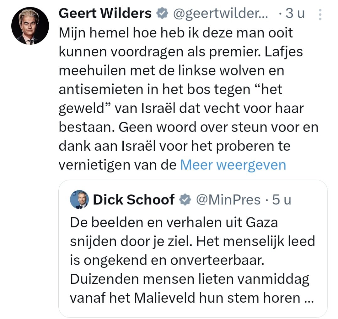 Mijn hemel, hoe heeft 20% van de stemmers ooi deze viespeuk kunnen kiezen. Eerst zelf het kabinet Schoof onderuit halen om vervolgens zo smerig na te trappen. Bibi zal trots op je zijn Geert. Jij hebt, net als hij, geen geweten.
#Wilders