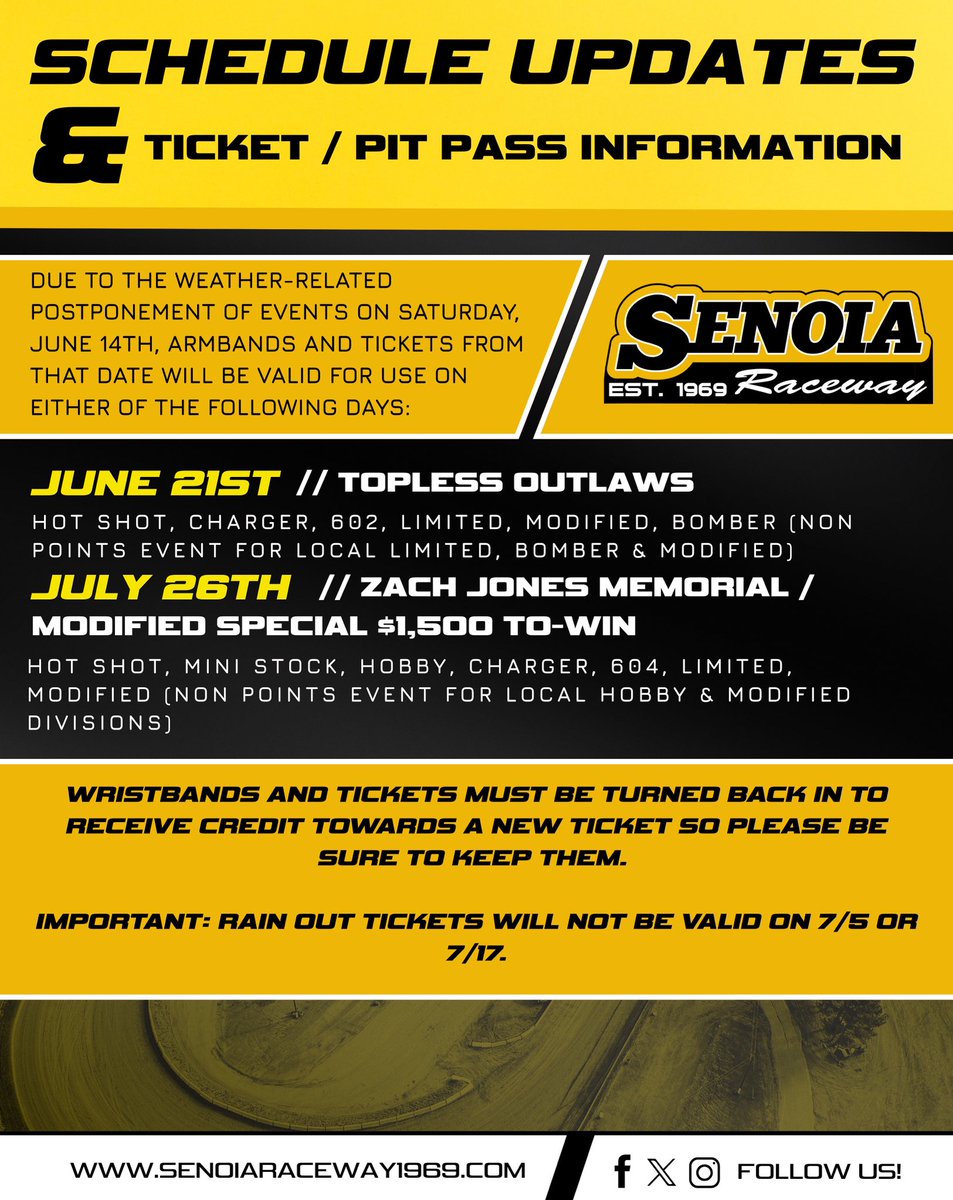 SenoiaR's tweet image. 📣 Attention Senoia Raceway Fans & Drivers: Due to the weather postponement on Saturday, June 14th, all armbands and tickets from that event will be honored on June 21 or July 26.
Thank you for your support, and we’ll see you at the track! 🏁