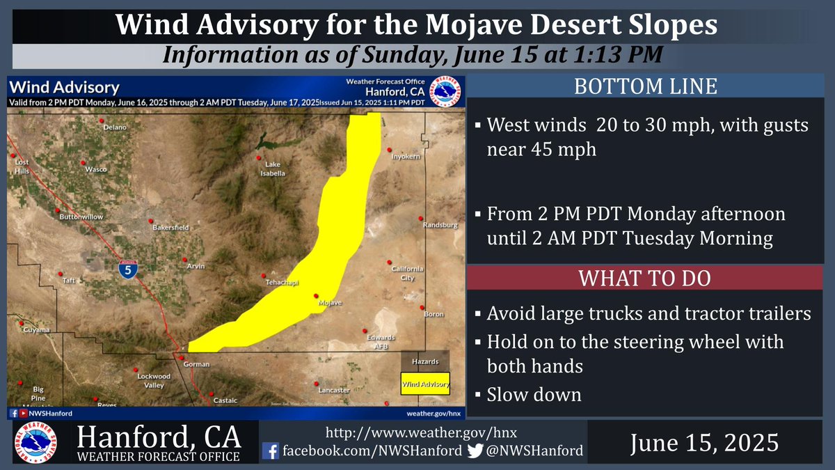 A Wind Advisory has been issued for the Mojave Slopes from 2 PM Monday, June 16 through 2 AM Tuesday, June 17. Wind gusts up to 45 mph expected. #CAWx #Bakersfield