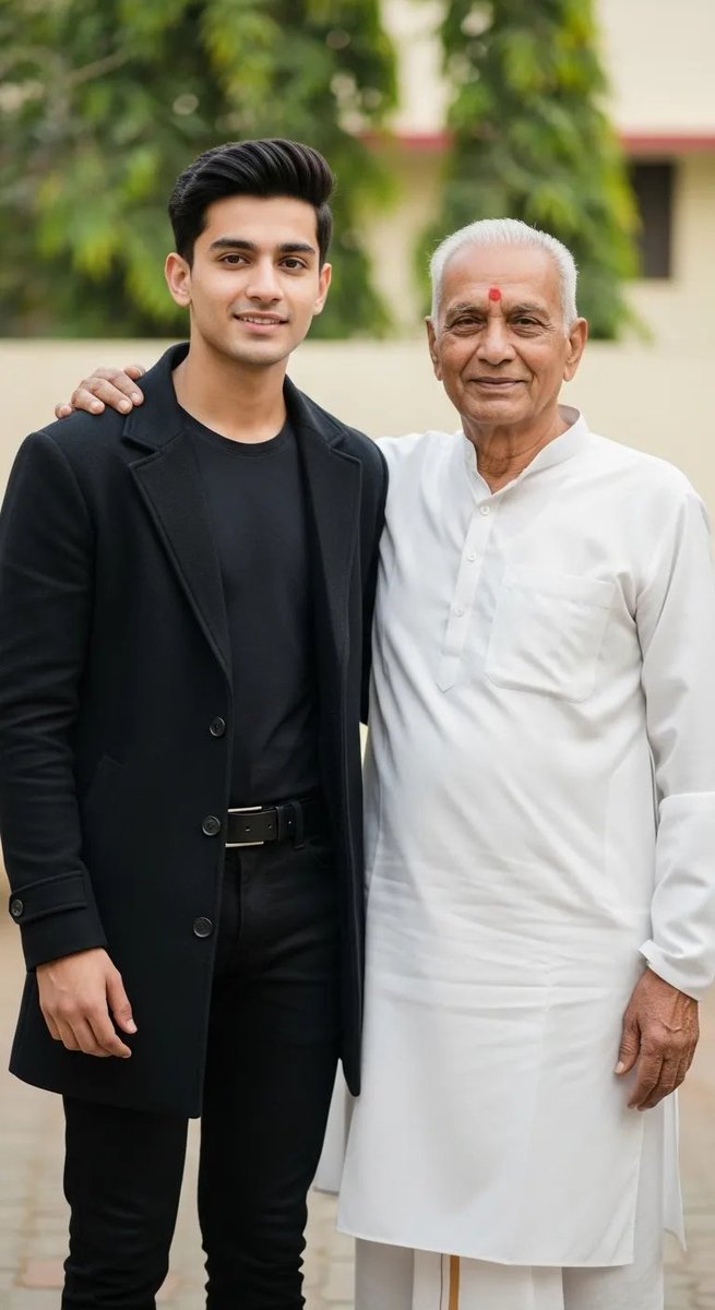 A heartwarming, realistic photo of a young man in 2025 wearing a modern black coat-pant with clean hairstyle, standing beside his grandfather. The young man is resting his hand gently on his grandfather's shoulder, smiling softly. The grandfather is wearing a traditional white