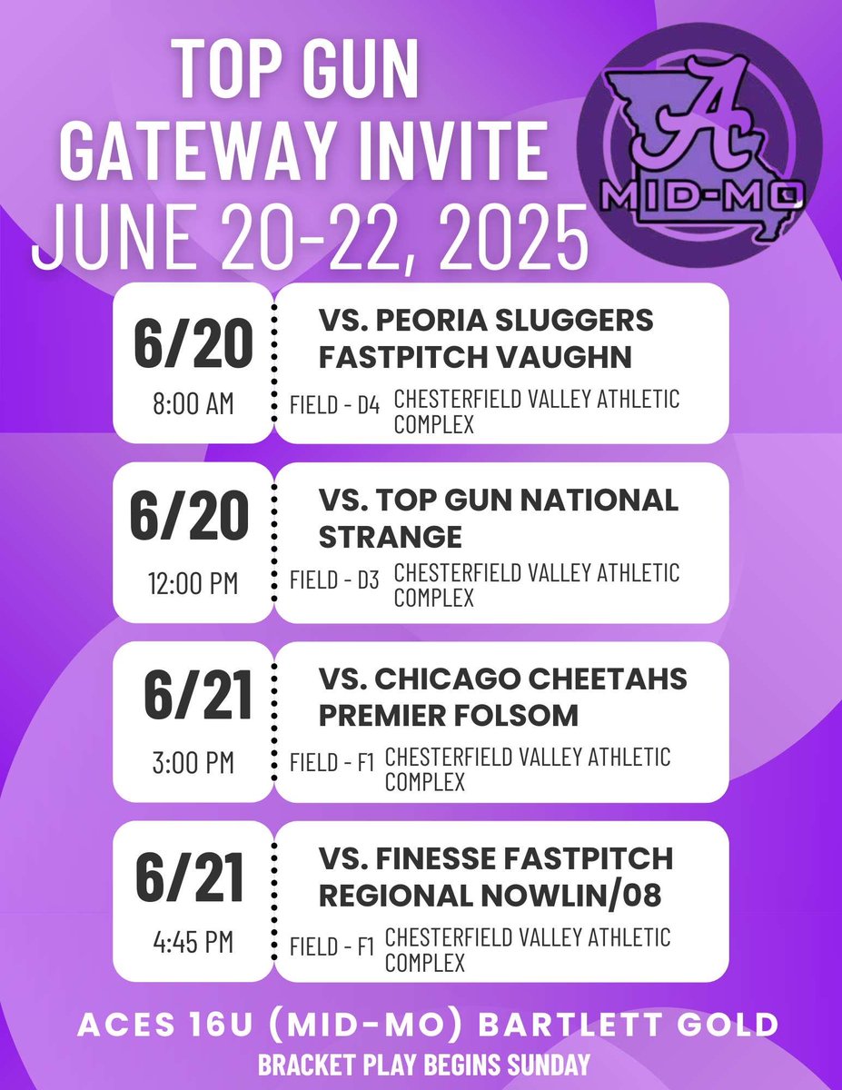 Here is my schedule for our upcoming tournament in Chesterfield!
<a href="/AcesFPMidMO/">Aces Fastpitch (Mid-MO)</a>